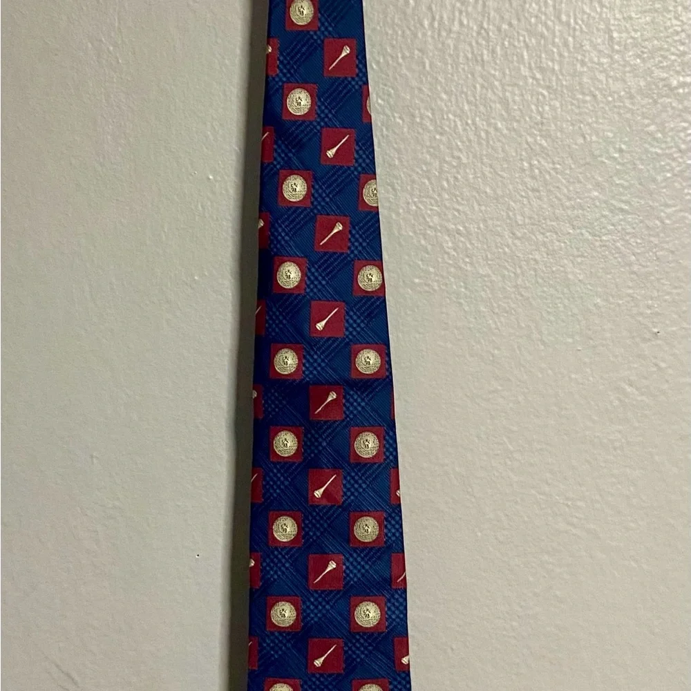 Vintage Chaps Ralph Lauren  Blue and Red Silk Tie with Golf  Motif
